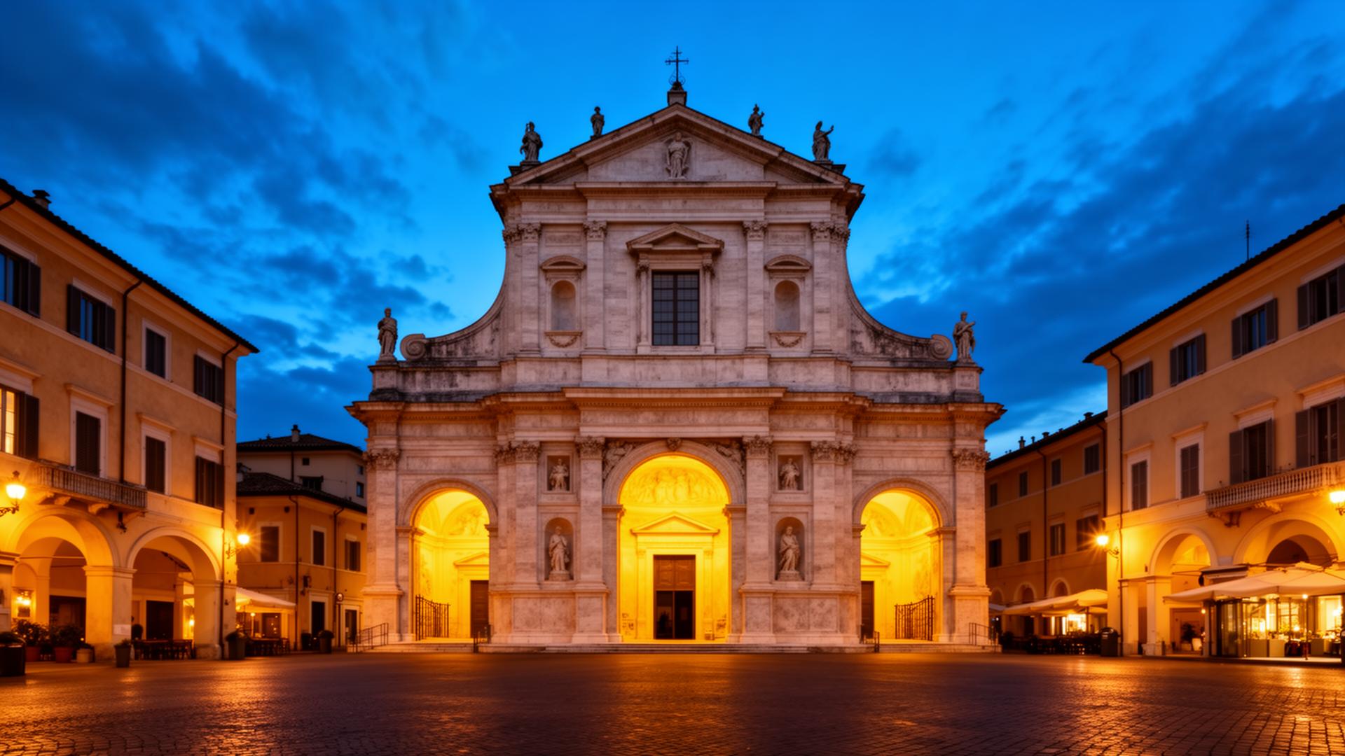 Italian piazza at twilight with illuminated Renaissance basilica
